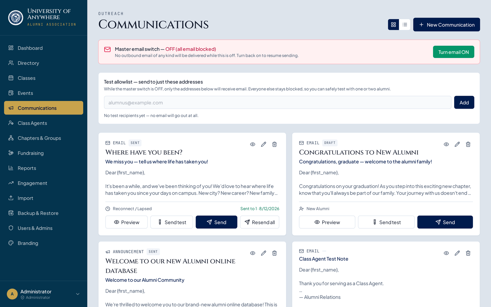 Canned templates, fresh sends — every message logged